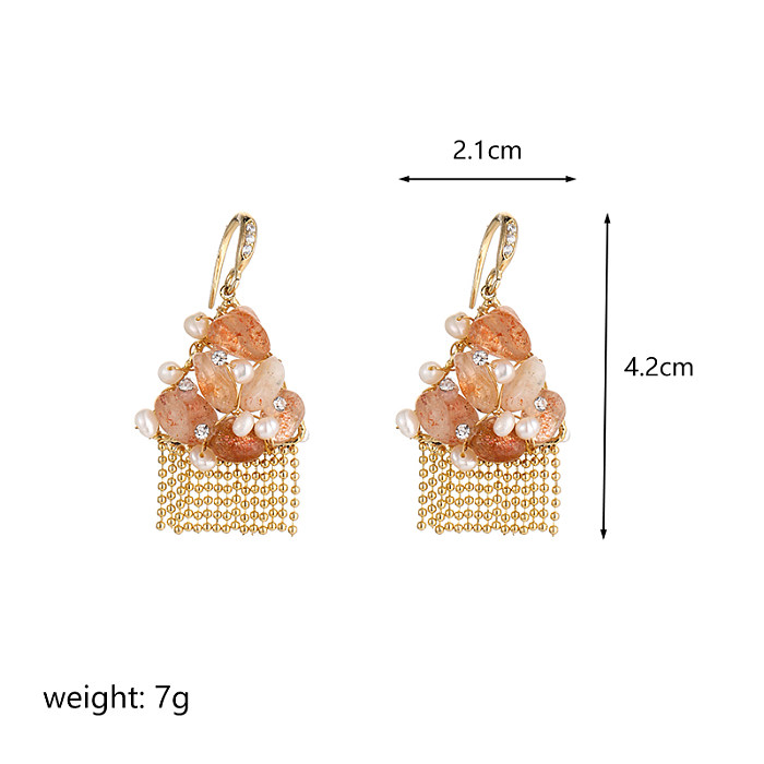 1 Pair Commute Irregular Tassel Beaded Pearl Inlay Copper Zircon Drop Earrings