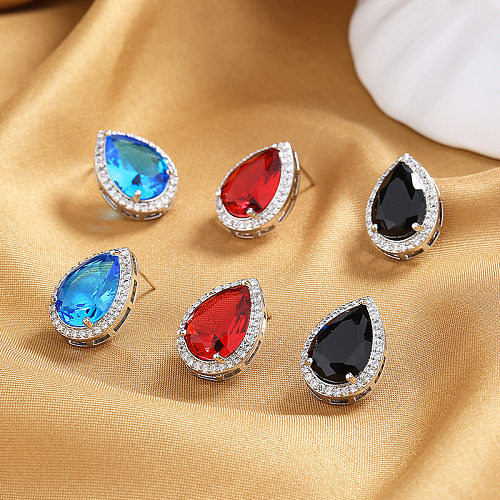 1 Pair Vintage Style Water Droplets Copper Inlay Artificial Gemstones Ear Studs