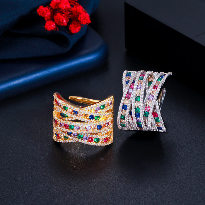 Commute Korean Style Geometric Copper Plating Inlay Artificial Gemstones 14K Gold Plated White Gold Plated Rhodium Plated Rings