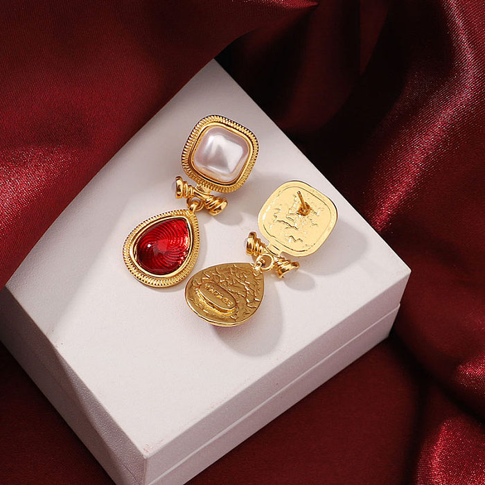 1 par de pendientes de gota chapados en oro de 18K con incrustaciones de gotas de agua de estilo Retro Simple, perlas artificiales de cobre, cristal