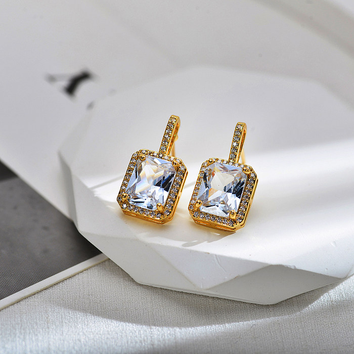 Elegant Luxurious Square Copper Inlay Carving Zircon Earrings Necklace