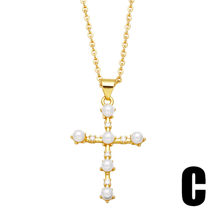 Fashion Cross Copper Plating Artificial Pearls Zircon Pendant Necklace 1 Piece
