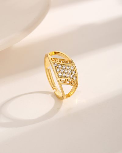 Simple Style Commute Quadrilateral Copper Plating Hollow Out Inlay Zircon 18K Gold Plated Rings