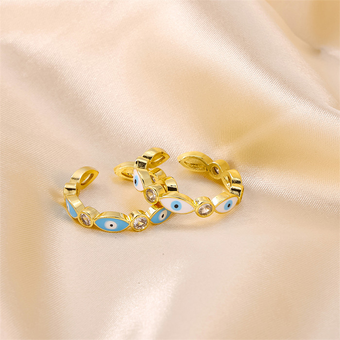 Wholesale Casual Vintage Style Cool Style Eye Stainless Steel Enamel Plating Inlay 18K Gold Plated Rhinestones Open Rings