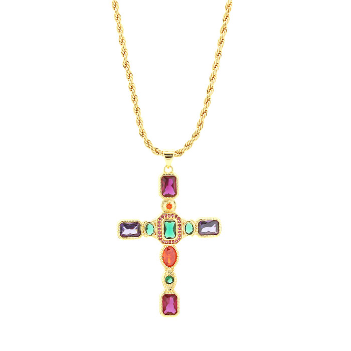 Hip-Hop Simple Style Cross Copper Plating Inlay Zircon 18K Gold Plated Pendant Necklace