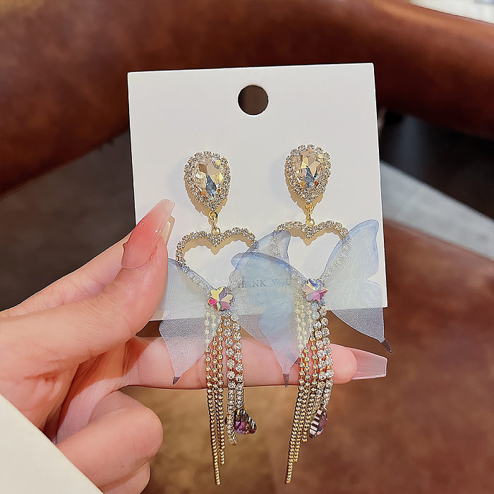 1 paire de boucles d'oreilles Style féerique, pampilles en forme de cœur, incrustation de papillon en cuivre et Zircon