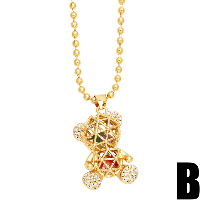 Cute Little Bear Copper Plating Inlay Zircon 18K Gold Plated Pendant Necklace