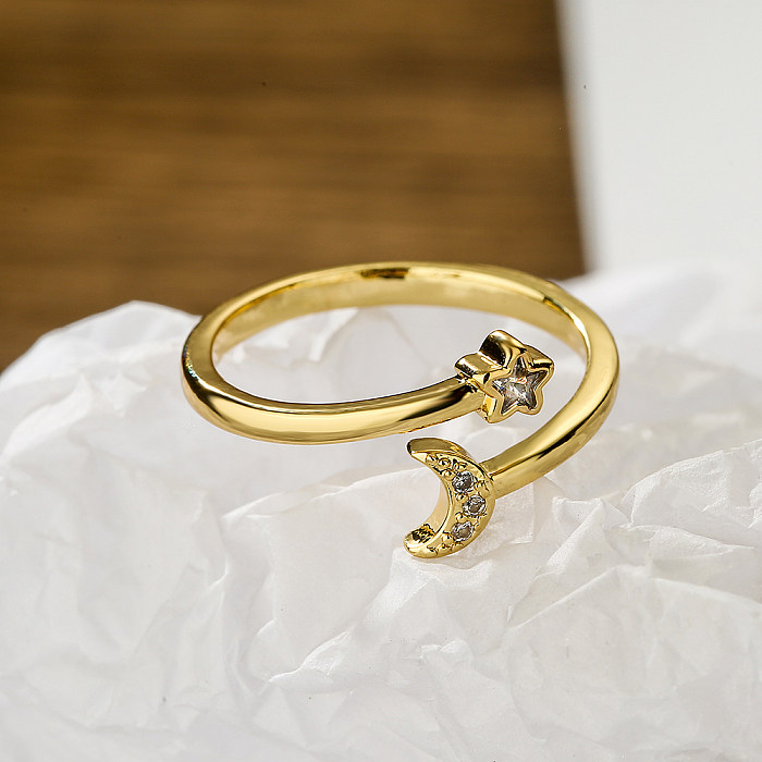 Elegante estrela lua gotas de água cobre chapeamento embutimento zircão 18K anel aberto banhado a ouro
