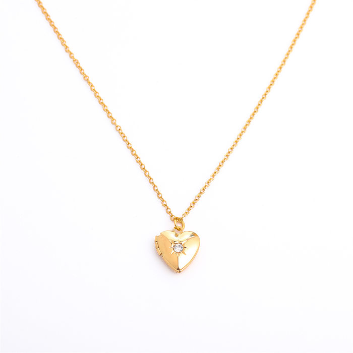 Retro Heart Shape Titanium Steel Copper Plating Inlay Birthstone 14K Gold Plated Pendant Necklace