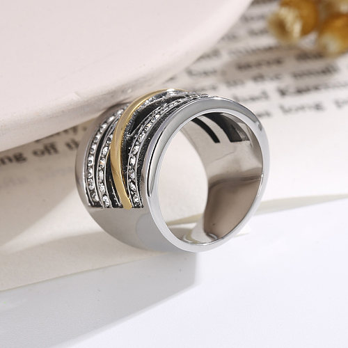 Anéis de strass com incrustações de aço inoxidável redondo elegante retrô feminino