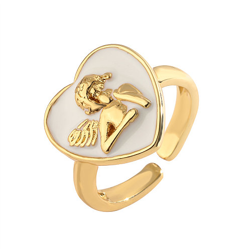 Retro Angel Heart Shape Copper Plating Inlay Zircon Gold Plated Open Rings
