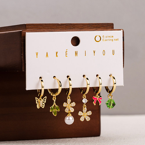 Simple Style Ice Cream Flower Butterfly Copper Plating Inlay Artificial Pearls Zircon 14K Gold Plated Drop Earrings