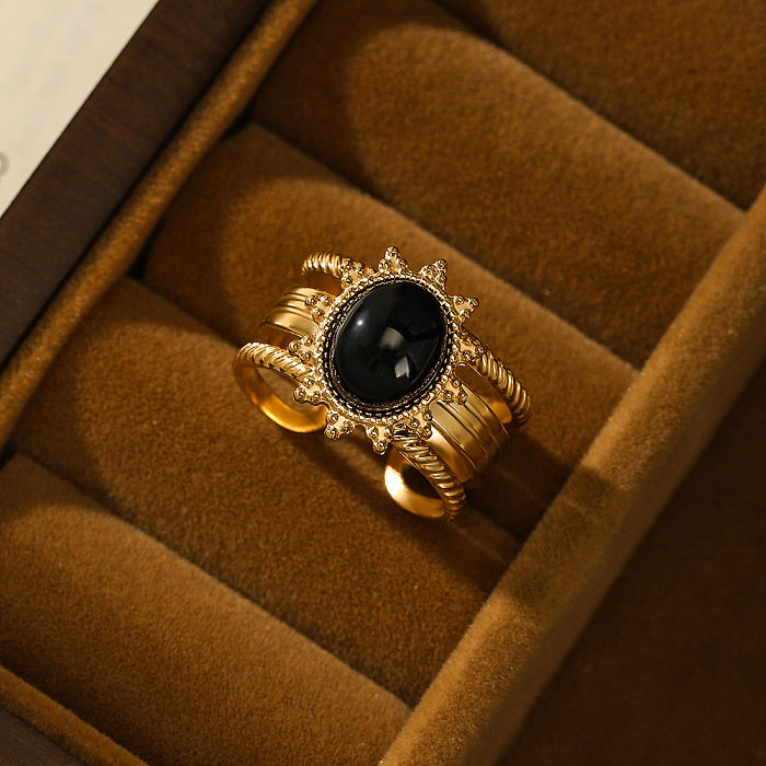 Modischer offener Ring aus Obsidian mit geometrischem Edelstahl-Inlay, 1 Stück