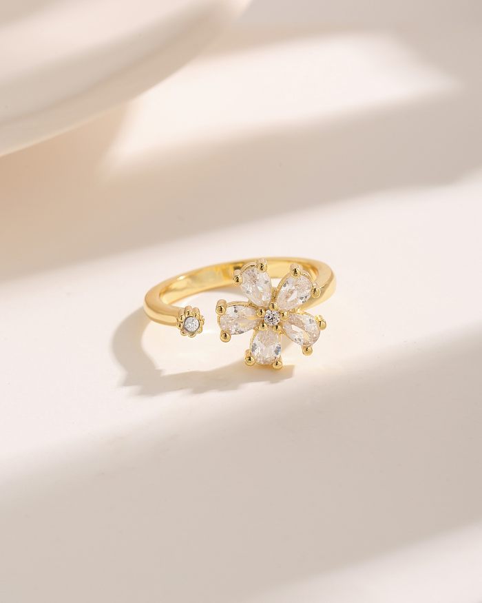Simple Style Commute Flower Copper Criss Cross Plating Inlay Zircon 18K Gold Plated Open Rings