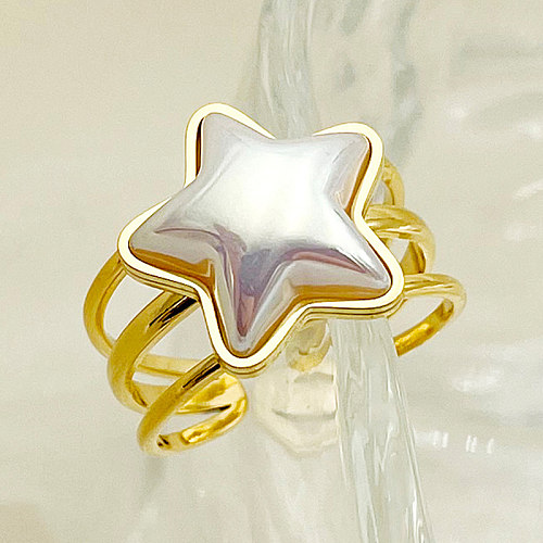 Atacado elegante e bonito estrela chapeamento de aço inoxidável incrustado banhado a ouro pérola anéis abertos
