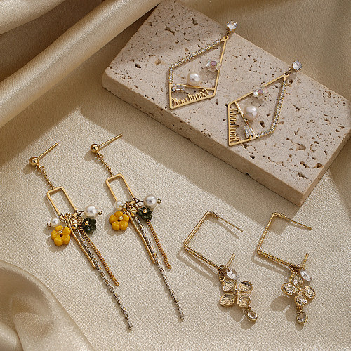 Boucles d'oreilles en forme de losange, Style IG, incrustation de cuivre, perle d'eau douce, plaqué or 1K, 14 paire