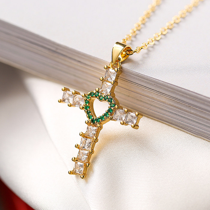 INS Style Cross Heart Shape Copper Plating Inlay Zircon 18K Gold Plated Pendant Necklace