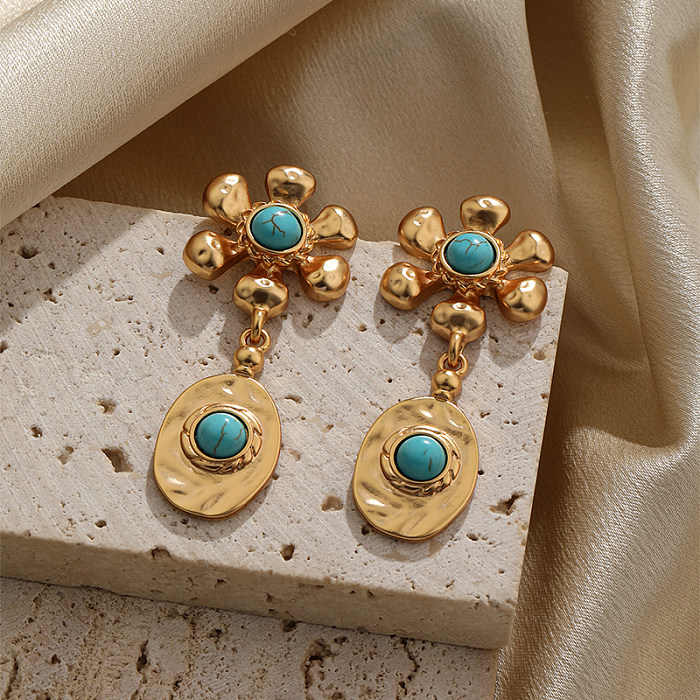 1 Pair Classical Retro Commute Irregular Flower Plating Inlay Copper Turquoise 18K Gold Plated Drop Earrings
