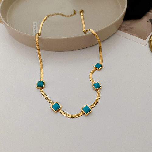 Style vintage carré titane acier placage incrustation turquoise plaqué or 18 carats bracelets collier