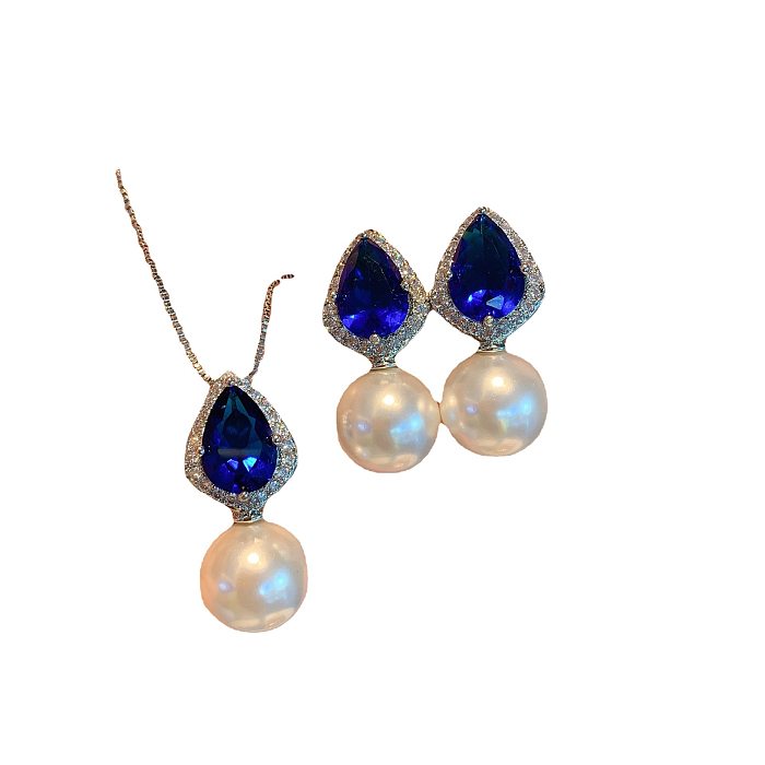 Retro Water Droplets Copper Gold Plated Inlay Artificial Gemstones Artificial Pearls Women'S Earrings Necklace