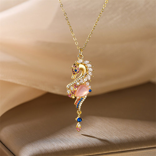 Vacation Hippocampus Copper Plating Inlay Zircon Gold Plated Pendant Necklace
