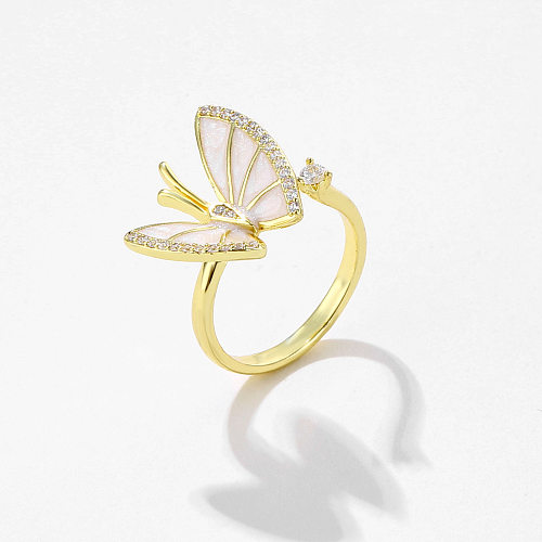 Senhora doce geométrico trevo de quatro folhas borboleta chapeamento de cobre incrustação zircão banhado a ouro anel aberto