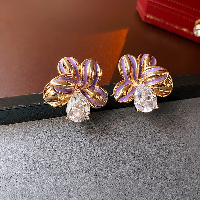 1 Paar Retro-Ohrringe mit Blumen-Kupfer-Emaille-Inlay, künstlichen Perlen und Strasssteinen
