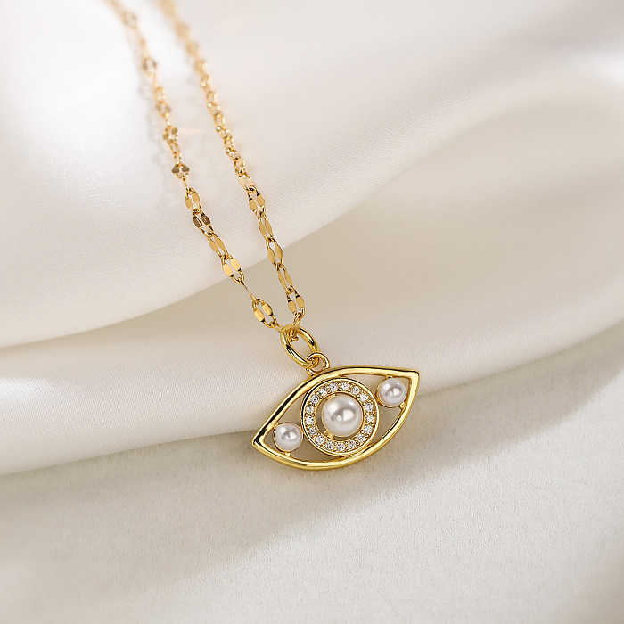 Simple Style Commute Devil'S Eye Copper Plating Hollow Out Inlay Artificial Pearls Zircon 18K Gold Plated Pendant Necklace