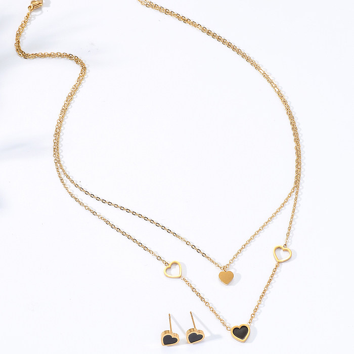 Conjunto de brincos de colar de dupla camada em forma de coração de ouro 18K de aço inoxidável da moda