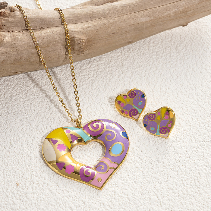 Artistic Streetwear Color Block Heart Shape Stainless Steel Enamel Gold Plated Earrings Necklace