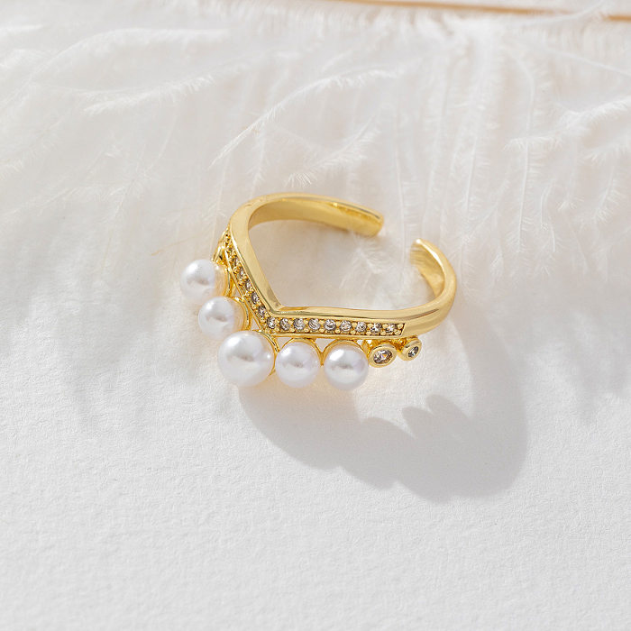 Elegant Modern Style Crown Imitation Pearl Copper Plating Open Rings
