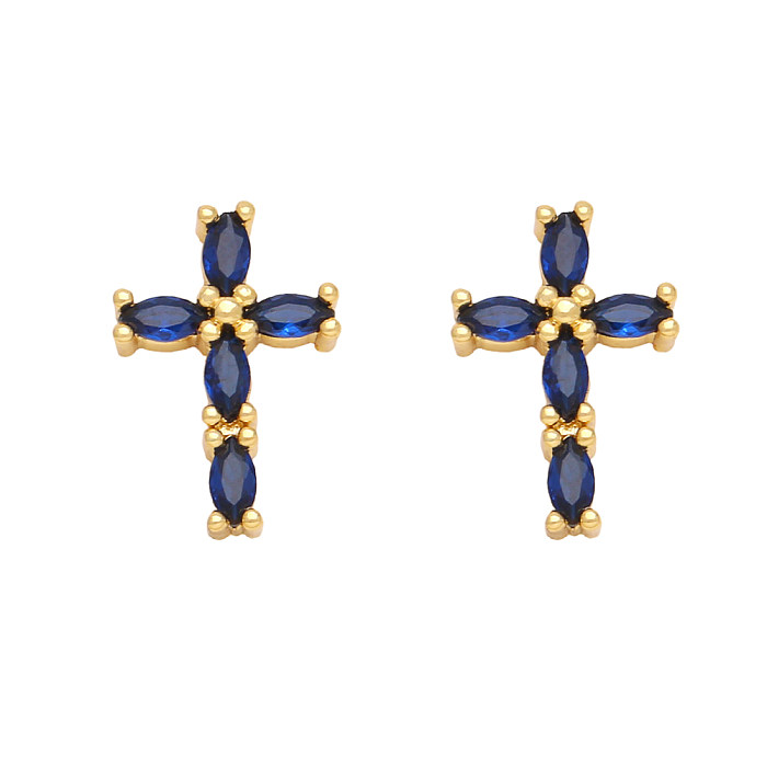 1 Paar Retro-Ohrstecker im schlichten Kreuz-Kupfer-Inlay-Stil mit Zirkon-18-Karat-Vergoldung