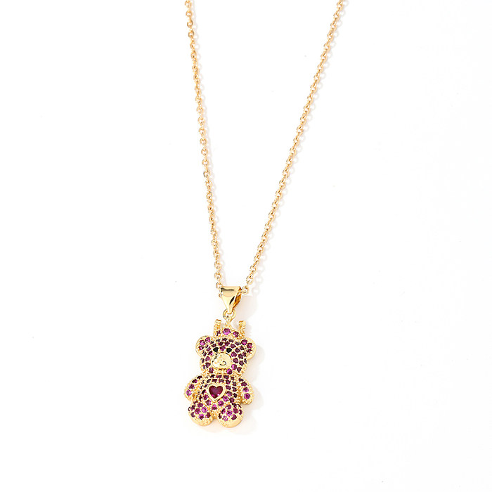 Cartoon Style Sweet Shiny Little Bear Copper Zircon Pendant Necklace In Bulk
