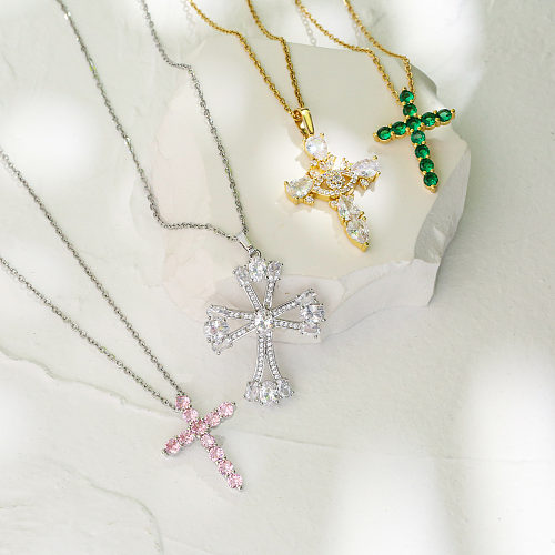 Micro Inlaid Zircon Cross Pendant Copper Necklace Religious Ornament