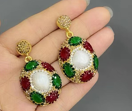 Classical Lady Oval Copper Inlay Freshwater Pearl Jade Rings Earrings Necklace