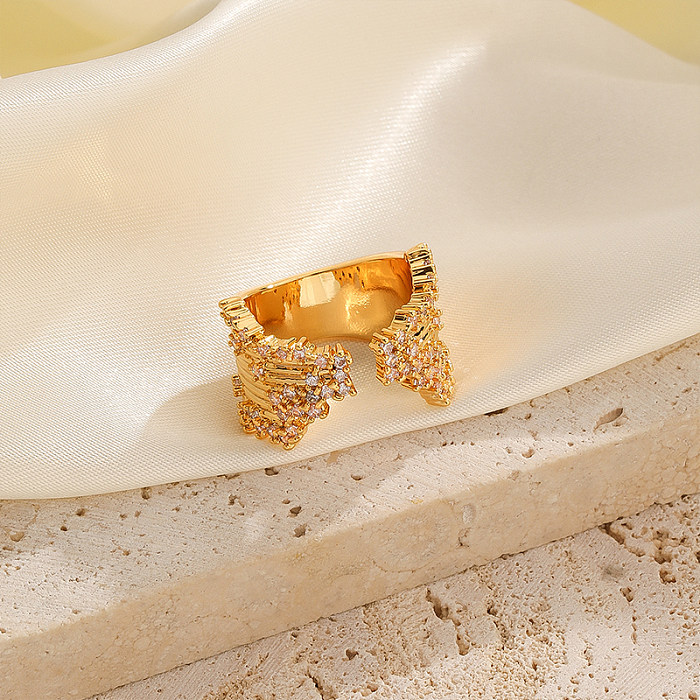 Commute Solid Color Copper Plating Inlay Zircon 18K Gold Plated Open Rings