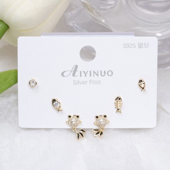 Fashion Flower Copper Inlay Artificial Gemstones Ear Studs 3 Pairs
