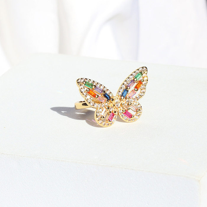 Anel aberto de cobre borboleta retrô chapeamento de zircão anéis de cobre