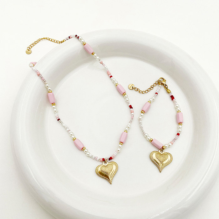 Bonito doce coração forma imitação de pérola de aço inoxidável pedra natural frisado chapeamento pulseiras colar