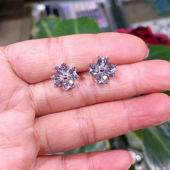 1 Pair Classic Style Flower Inlay Copper Zircon Ear Studs