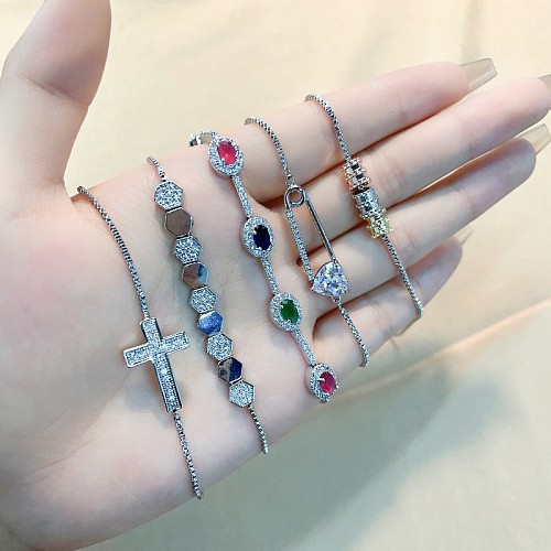 Casual Sweet Cross Heart Shape Copper Plating Inlay Zircon White Gold Plated Bracelets