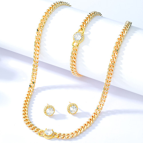 Modisches, schlichtes Kupfer-Galvanik-18-Karat-Gold-Zirkon-Ohrstecker-Armband-Halsketten-3-teiliges Set