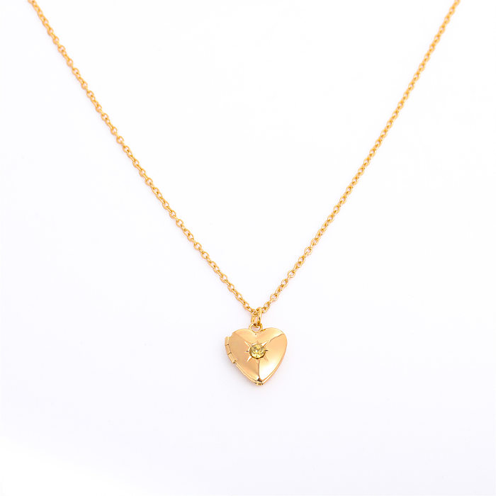 Colar com pingente banhado a ouro 14K, formato de coração retrô, titânio, aço, cobre, pedra de nascimento