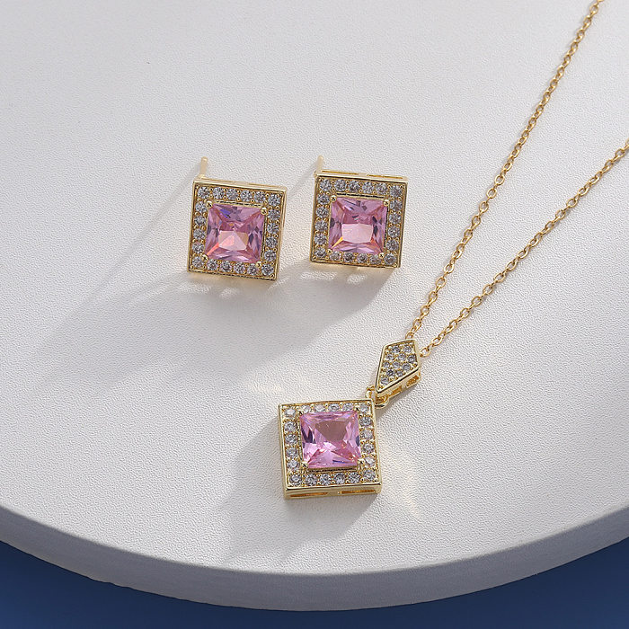 Retro Square Copper Plating Inlay Zircon Earrings Necklace