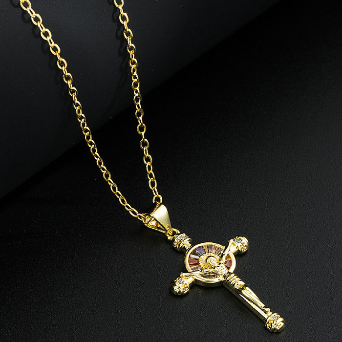 Collier avec pendentif religieux en cuivre plaqué or, croix de jésus, à la mode, incrusté de Zircon