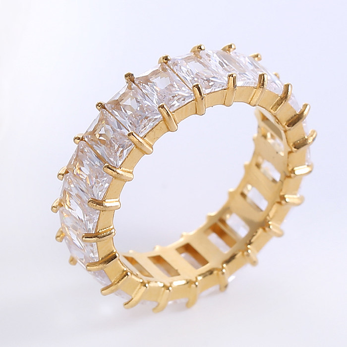 Estilo simples romântico cor sólida chapeamento de aço inoxidável inlay zircon 18K banhado a ouro rosa anéis banhados a ouro
