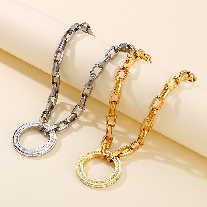 Moda círculo de aço inoxidável strass artificiais pulseiras colar 2 peças