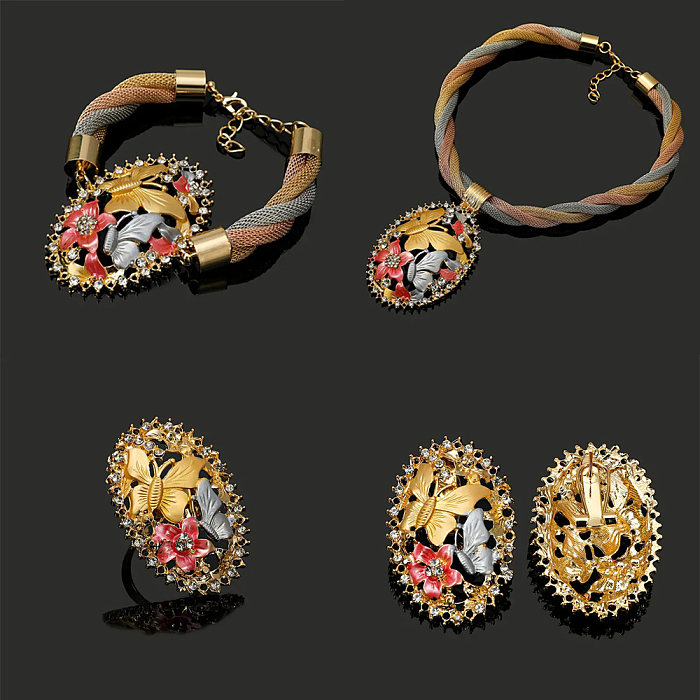 Elegant Flower Stainless Steel Copper Plating Inlay Copper Zircon 18K Gold Plated Jewelry Set