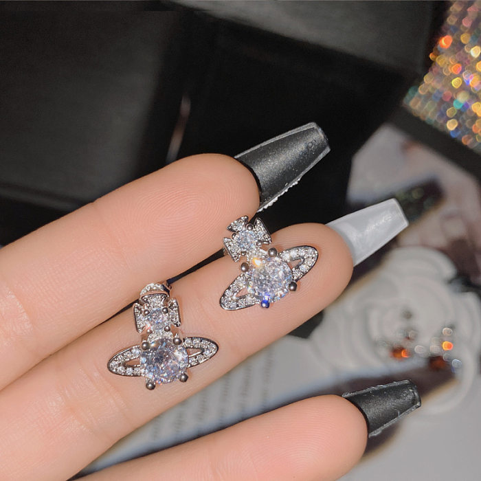 Basic Planet Copper Plating Inlay Artificial Gemstones Ear Studs