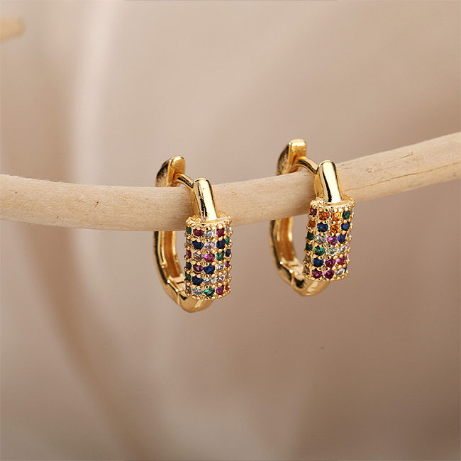 1 paire de boucles d'oreilles en cuivre et Zircon, Style Simple, incrustation de blocs de couleurs